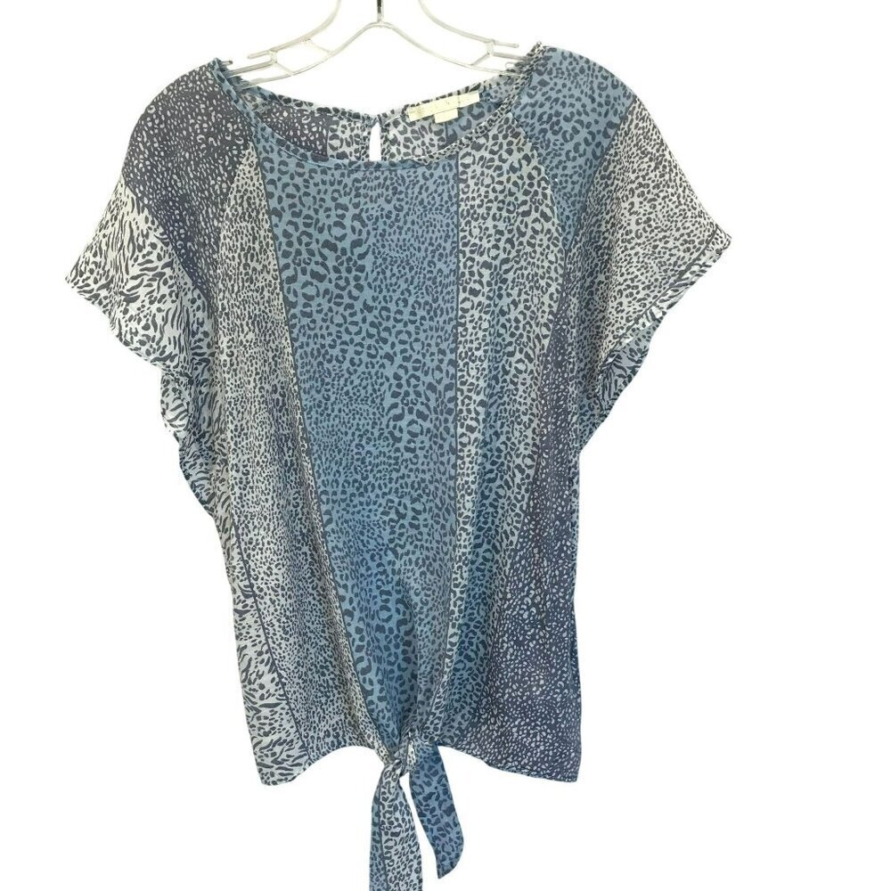 Cooper & Ella Career Blouse Cap Sleeve Tie Bottom Blue Animal Print Size Medium